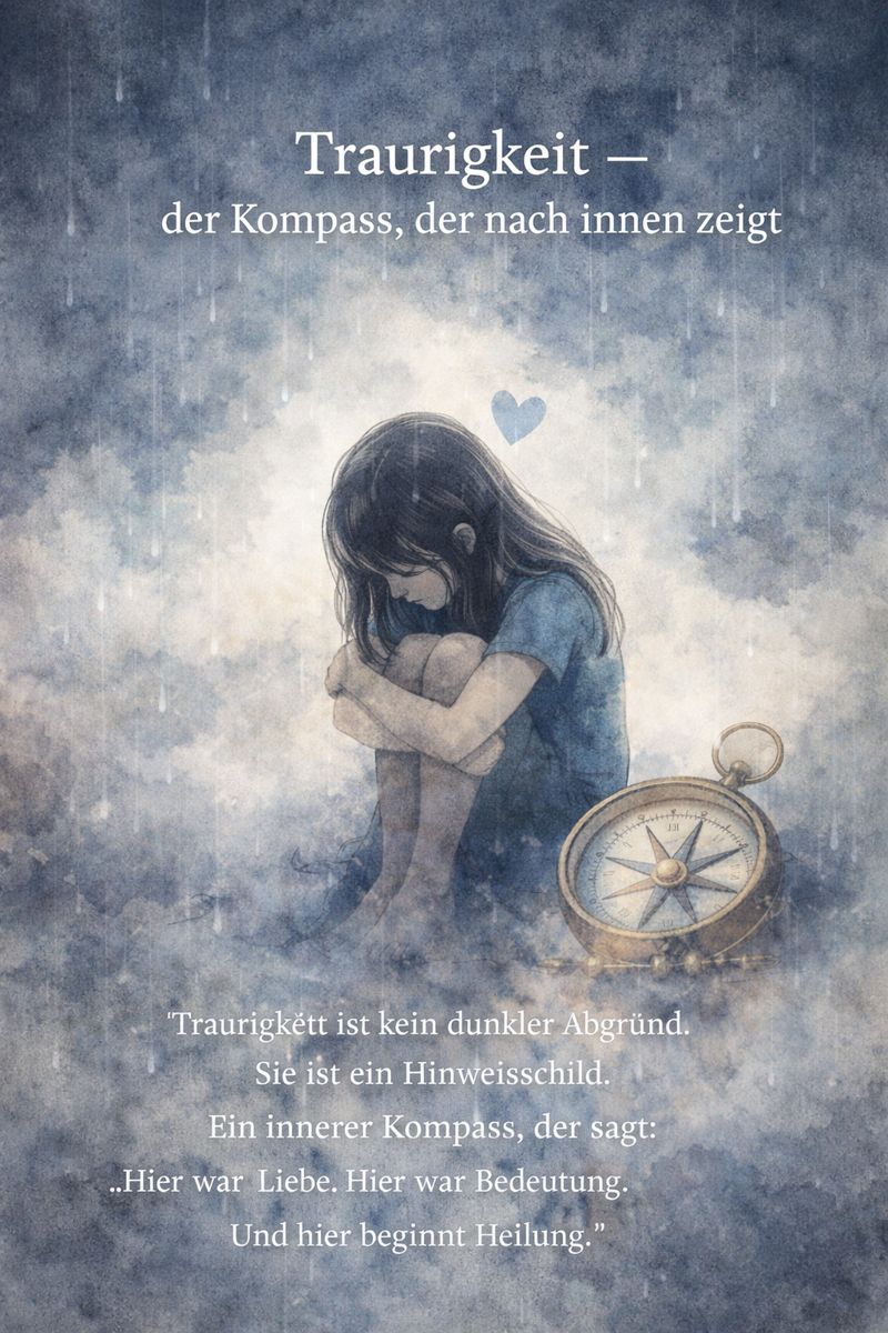 Illustration eines Mädchens, das traurig sitzt, mit einem Kompass und einem Zitat über Traurigkeit.