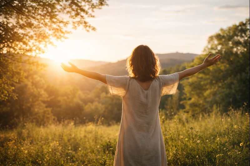 Frau mit offenen Armen, die bei Sonnenuntergang in der Natur steht, umgeben von Bäumen und Wiesen.