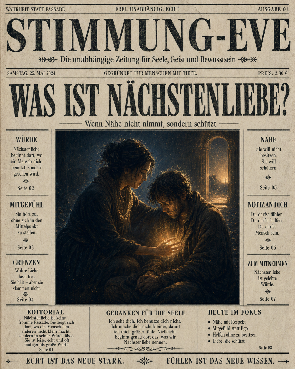 Das Stimmung-Eve-Zeitungscover mit der Frage „Was ist Nächstenliebe?“ und Texten zu Würde, Nähe und Erregung in vintage Optik, dunkel mit goldenen Lichtakzenten.